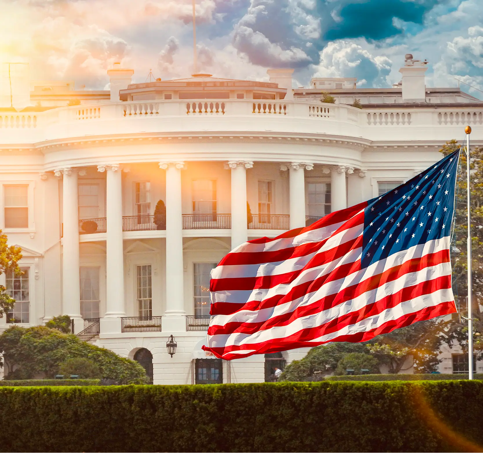 White House with American flag foreground